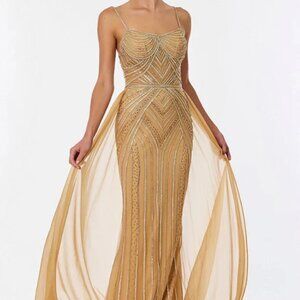 Gold formal dress.Mother of the bride anniversary party fitted new long gown